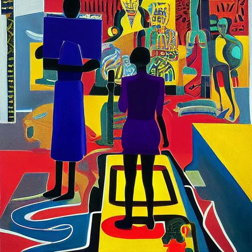 Prompt: A painting. A rip in spacetime. Did this device in her hand open a portal to another dimension or reality?! Mesoamerican, neo-expressionism by Jacob Lawrence, by Iain Faulkner forbidding, vivid