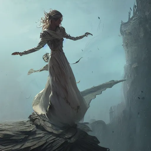 Image similar to a woman with dress balancing with wind, highly detailed, illustration, fantasy art, in the style of greg rutkowski, epic, fantasy, intricate, hyper detailed, artstation, concept art, smooth, sharp focus, ray tracing