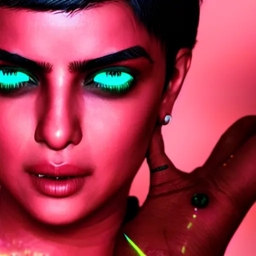 Image similar to Priyanka Chopra, neon face tattoo, cyberpunk background, straight hairstyle, white eyes, blonde hair, realistic render, short hair, unreal engine render, Icaro Carvalho