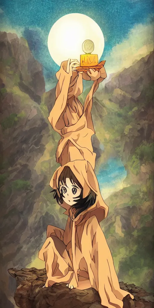 Image similar to a hermit on a mountain with a lamp drawn like Watamote anime, full color, tarot card The hermit,