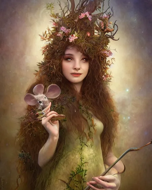 Image similar to dryad musician with a mysterious smile, inspired by brian froud, portrait, accompanied by a cute feathered mouse, studio lighting by jessica rossier and brian froud and gaston bussiere