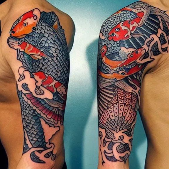 Image similar to “neotraditional tattoo of two koi fishes swimming, digital art, tattoo art, highly detailed, hiperrealistic, photorealistic, 4k UHD, Zoltán Szente, Adam K. Perjatel, Federico Spadafora”