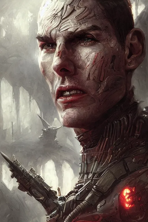 Prompt: Portrait of Tom Cruise as inquisitor warhammer 40000, dark, intricate, highly detailed, smooth, artstation, digital illustration by Ruan Jia and Mandy Jurgens and Artgerm and Wayne Barlowe and Greg Rutkowski and Zdislav Beksinski