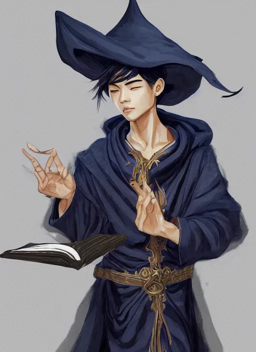 Prompt: a highly detailed illustration of short black haired young asian male wizard wearing ornate navy robe and mage hat, dramatic reading spell book pose, nonchalant expression, intricate, elegant, highly detailed, centered, digital painting, artstation, concept art, smooth, sharp focus, league of legends concept art, WLOP