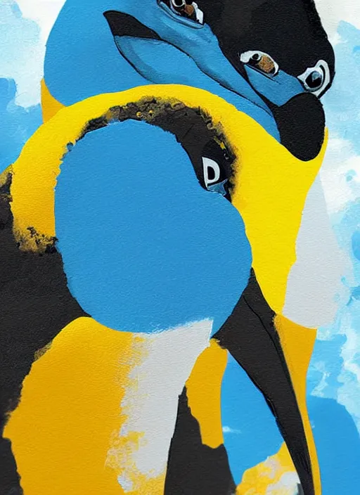 Prompt: a painting of a penguins face with blue and yellow smoke coming out of, a digital painting by petros afshar, behance contest winner, digital art, behance hd, digital illustration, digital painting