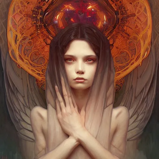 Image similar to A Symmetrical composition portrait of A beautiful!!!! angel in black flames by Ross Tran!! and alphonse mucha and greg rutkowski! and Zdzisław Beksiński!!,In style of digital art.dark Fantasy,smooth,hyper detailed,sharp focus,Soft light.4k