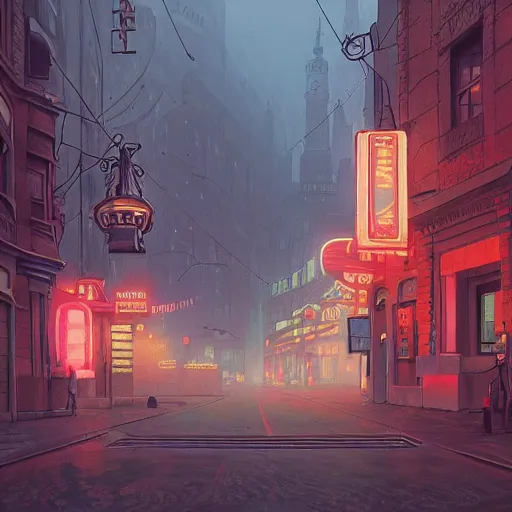 Prompt: movie scene of a downtown, lviv, a very misty day, a neon sign, by ian mcque ferdinand knab, makoto shinkai and lois van baarle, artgerm, pixar, ilya kuvshinov,, tom bagshaw, global illumination