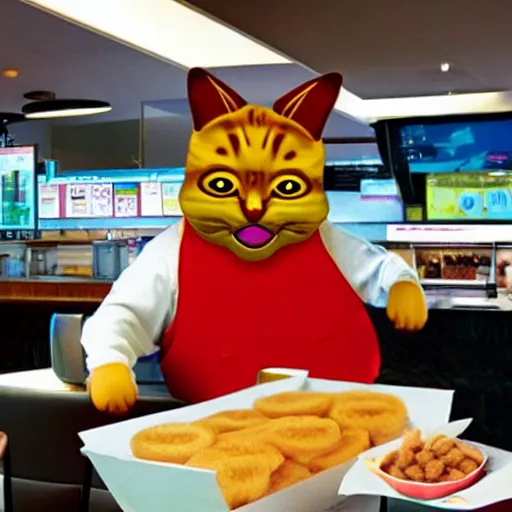 Image similar to photo of anthropomorphic cat working for mcdonalds