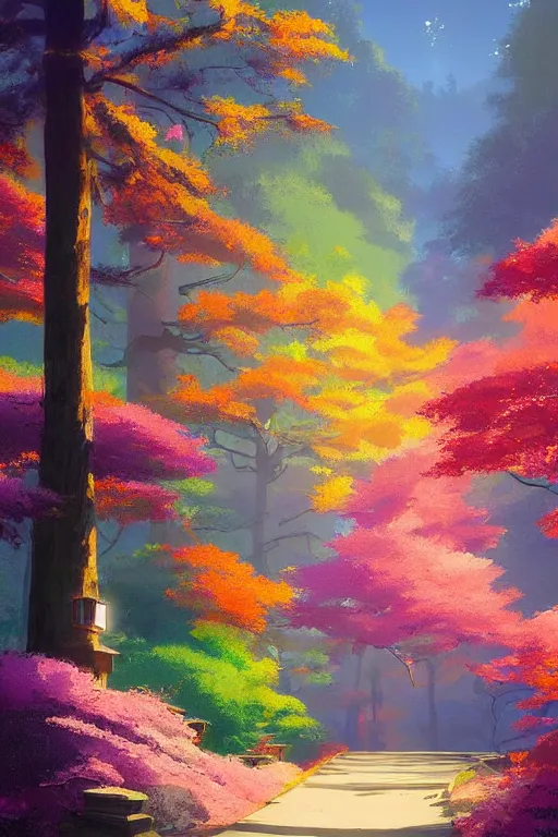 Image similar to Japanese Torii in a colorful moutain with COLORFUL trees ,morning , by studio ghibli painting, superior quality, masterpiece, by Grzegorz Rutkowski, concept art