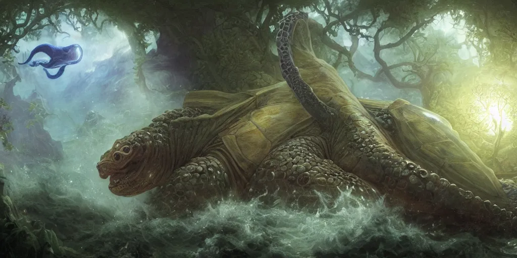 Image similar to Fantasy fairytale story, Great Leviathan Turtle, cephalopod, Cthulhu Squid Terrapin, Mysterious Island, center Universe, hybrid, Reptilian Cyborg, intense celestial fantasy atmospheric lighting, hyper realistic, William-Adolphe Bouguereau, François Boucher, Jessica Rossier, Michael Cheval, michael whelan, Cozy, hot springs hidden Cave, Forest, candlelight, natural light, lush plants and flowers, Spectacular Mountains, bright clouds, luminous stellar sky, outer worlds, Golden dapple lighting, Solar Flare Unreal Engine, HD,