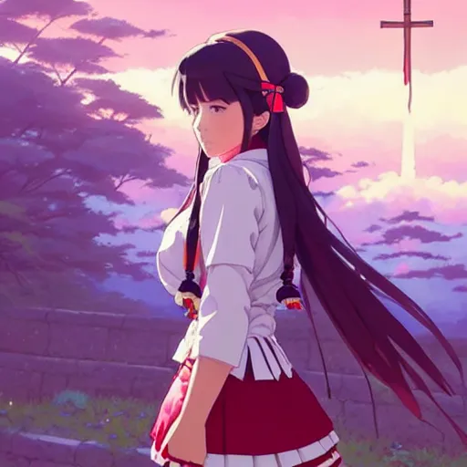 Image similar to a beautiful! plus sized native women instagram model, wearing catholic school girl outfit with mayan pattern and native style, jrpg aztec street fashion, gapmoe yandere grimdark, trending on pixiv fanbox, painted by greg rutkowski makoto shinkai takashi takeuchi studio ghibli, akihiko yoshida