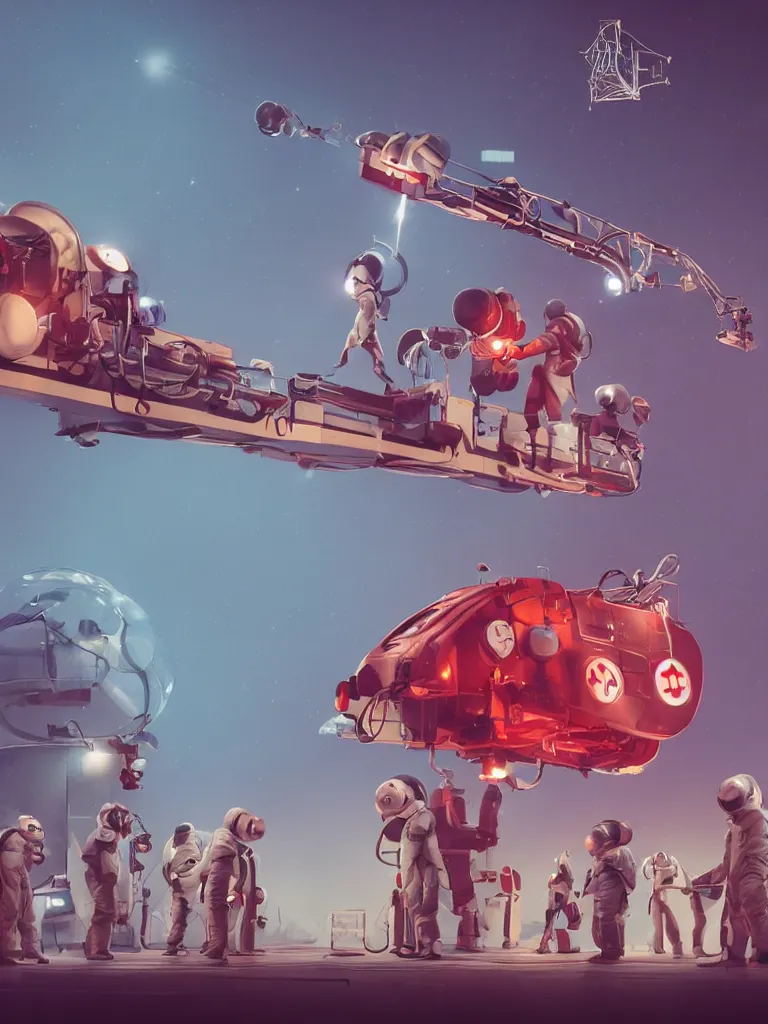 Image similar to graphic art of dystopian futuristic 1 0 mechanic surgeons in space suits, operate on a huge mickeymouse! severedhead!!!! held by a crane. ominous glowing red netflix!!! sign in the background, trending on art station, beeple!!, clean concept art, smooth, octane render