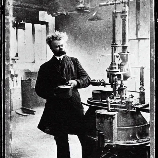 Prompt: august strindberg examines gold making equipment in dusty victorian era laboratory, alchemy equipment in background, 1890 photo, lumiere, realistic, depth of field