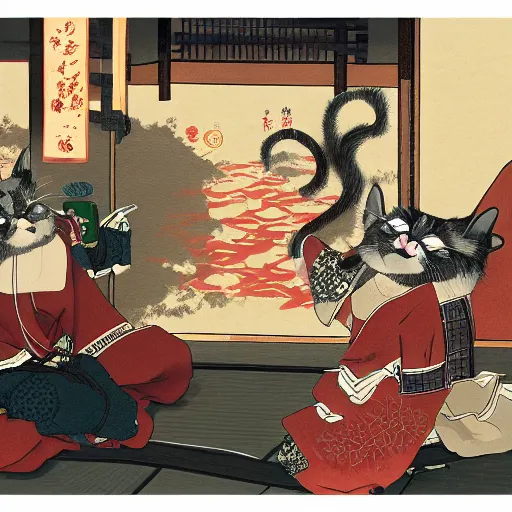 Prompt: many cat samurais are drinking tea, highly detailed, digital painting, artstation, japanese ukiyo style,, movie still, smooth, sharp focus uhd 8 k