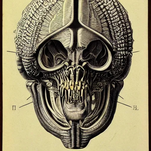 Prompt: hyper-detailed antique medical illustration of Kaiju head crosssection, nautilus brain, ribcage, xenomorph, symmetrical