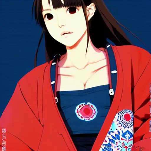 Image similar to a beautiful japanese natalie portman gravure model, wearing oversized native designer bomber jacket and leotard with overalls, bulky poofy bomber jacket with mesoamerican patterns, mesoamerican native street fashion, gapmoe yandere grimdark, trending on pixiv fanbox, painted by greg rutkowski makoto shinkai takashi takeuchi studio ghibli, akihiko yoshida