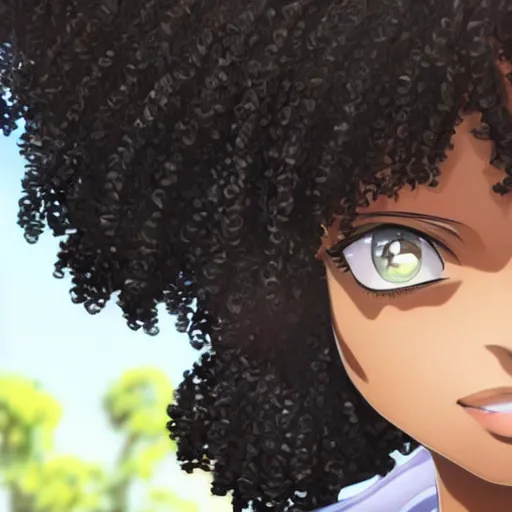 Image similar to A brown skinned woman with black curly hair as an anime character, highly detailed, cg society