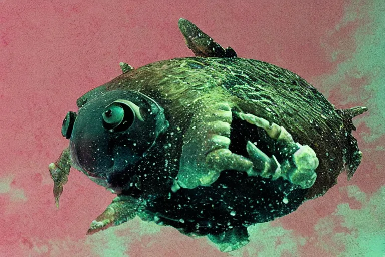 Image similar to cute anime - horseshoecrab underwater, in 2 0 1 2, bathed in the the glow of a crt television, crabcore, low - light photograph, anime key art