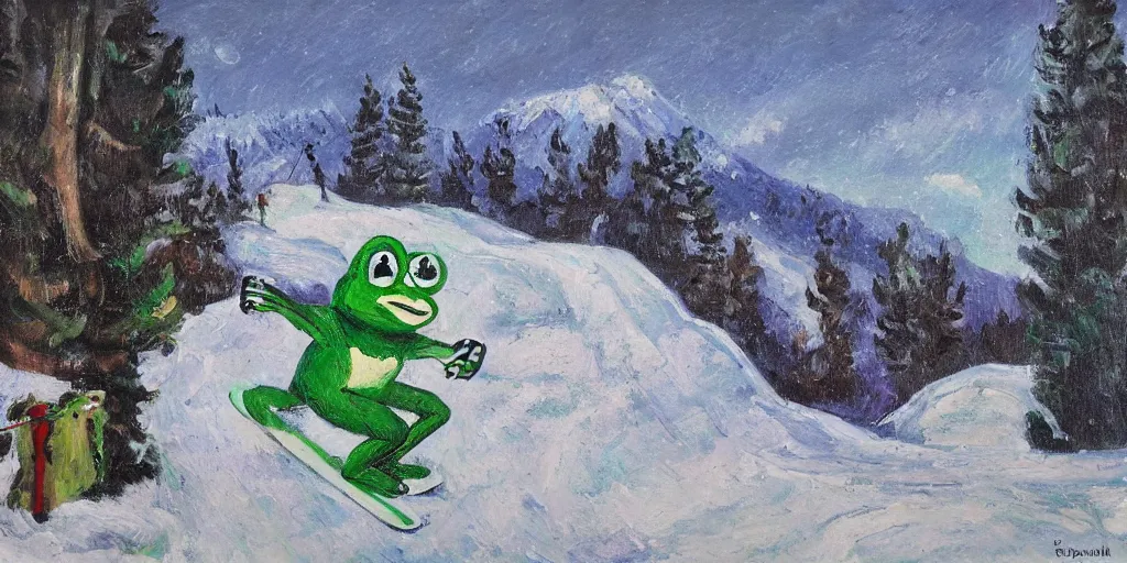 Prompt: pepe the frog snowboarding in terrain park, gloomy landscape, expressive oil painting by christopher radlund and camille pissaro