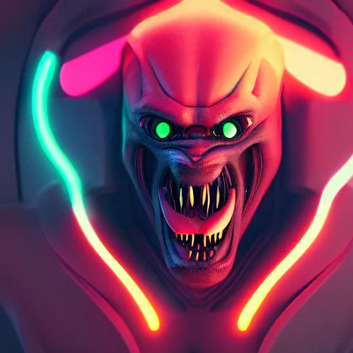 Image similar to synthwave demonic alien face with neon horns, detailed face, sharp focus, synthwave art, aesthetic, octane render, raw, cinematic