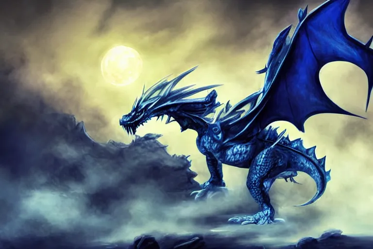 Prompt: an screaming blue and white dragon wearing armor, digital art, moonlight, blue mist, blue smoke,