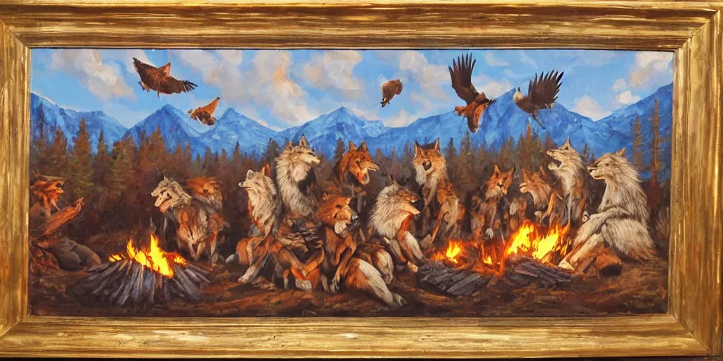 Prompt: old west theme, animals (eagle, bear, wolf and two foxes) sitting around campfire telling stories, oil paint on canvas