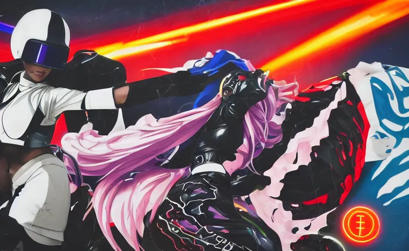 Prompt: billboard advertisement with an extremely beautiful photo of a black marble statue of an anime girl with colorful motocross logos and motorcycle helmet with closed visor, colorful smoke in the background, carved marble statue, fine art, neon genesis evangelion, virgil abloh, offwhite, denoise, highly detailed, 8 k, hyperreal