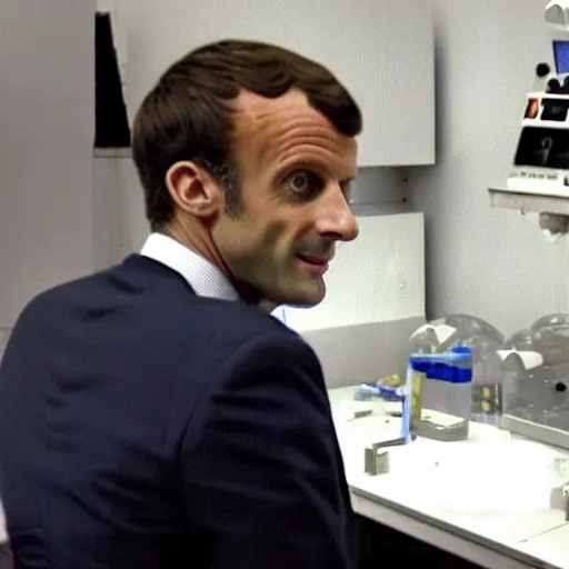 Image similar to cctv screenshot of Emmanuel Macron in a science lab