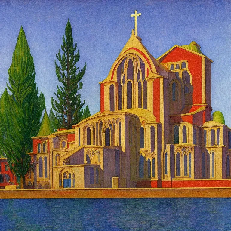 Prompt: church building, painted by Edward Hopper, painted by Anton Bilibin, surrealism, airbrush