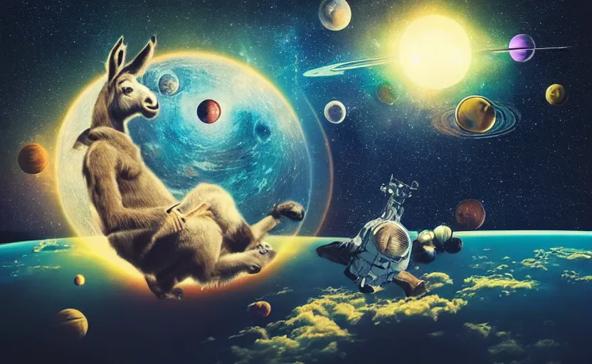 Image similar to “a donkey floating in space playing the bongos, surrounded by planets , nebula , realistic, 4K, sci fi, futuristic vaporwave, retro, volumetric lighting, depth of field, ”