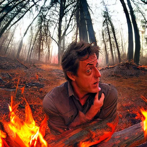 Prompt: extreme log shot, man vs wild, hugh grant, born survivor, face with beard, extreme, wide shot, sunset ligthing, forest and fear, worms, bonfire, art by karcz michal,