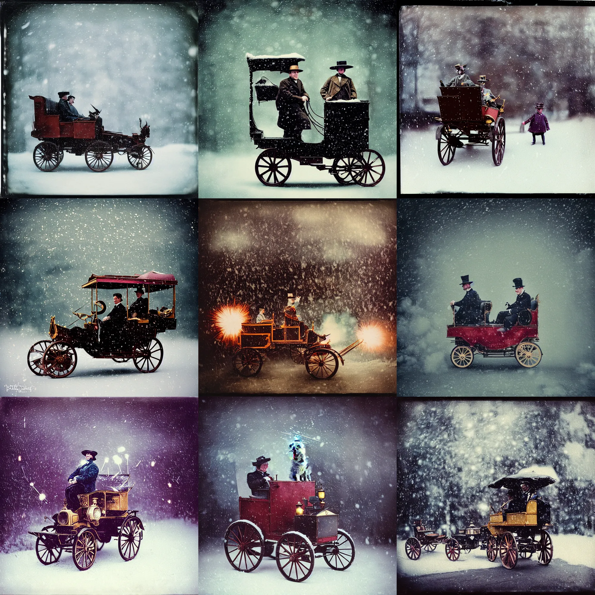 Prompt: kodak portra 4 0 0, wetplate, muted colours, blueberry, 1 9 1 0 s style, motion blur, portrait photo of a backdrop, explosions, rockets, sparkling, king ludwig in horse carriage, snow storm, by georges melies and by britt marling