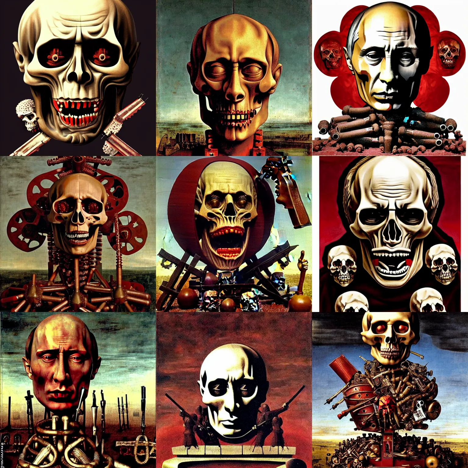 Prompt: huge statue of angry vladimir putin ( made of parts ) and skulls and guns and bombs that associated with blood, horror and terror. dark reddish color palette detailed digital painting by giuseppe arcimboldo, salvador dali, hieronymus bosch, h. giger, giorgio de chirico