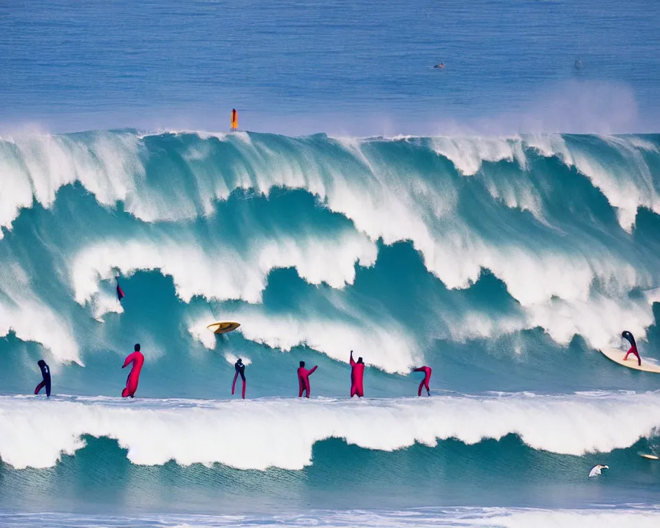 Image similar to worshippers in white robes belonging to the cult of the surfers, surfing in waves, standing on surfboards, surfing in the face of a tsunami, high detailed colors, bright deep blue