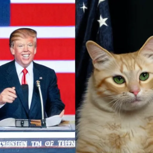 Prompt: a cat as the president of the united states giving a speech and wearing a suit in front of the american flag