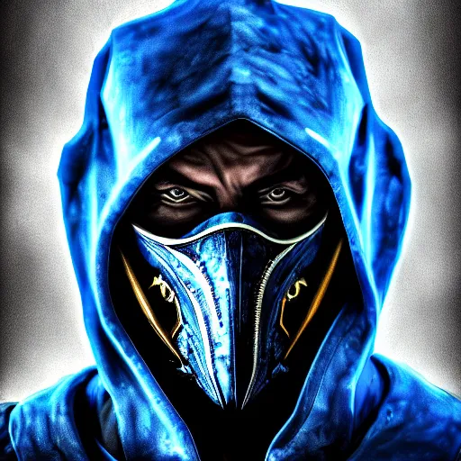 Image similar to a portrait of Sub Zero ,Grim fantasy, Mortal Kombat, blue aura, cold ice spark , HDR, natural light, shoulder level shot, dynamic pose, award winning photograph, Mucha style, 4k,