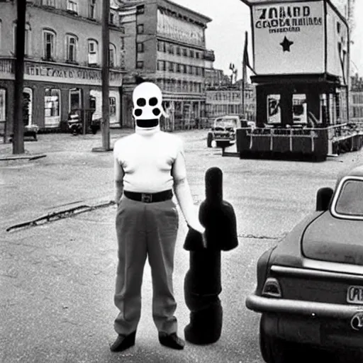 Image similar to dr. zoidberg at checkpoint charlie, realistic, old photograph