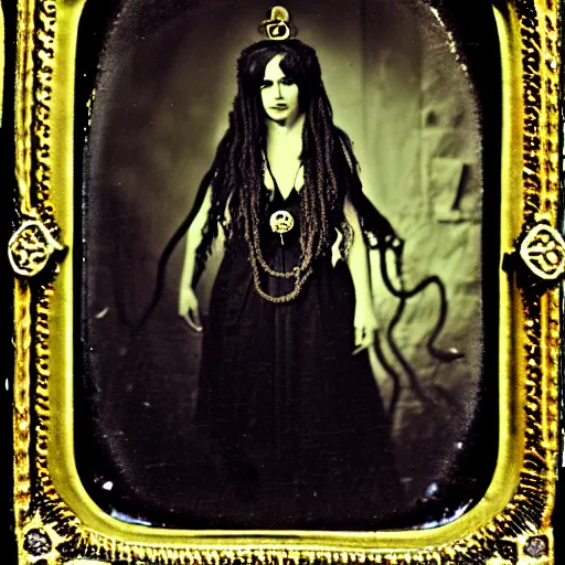 Prompt: daguerreotype of a cthulhu priestess adorned in occult jewelery with tentacle hair. emerging walking out of a baroque frame.