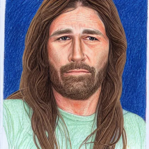 Prompt: colored pencil sketch of a Canadian singer-songwriter, 44, with long brown hair and sad eyes