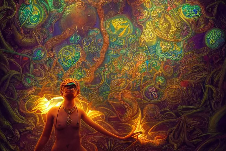 Image similar to psychedelic pepe with trinket necklace, epic angle and pose, reflective pool, symmetrical artwork, ayahuasca, translucent, fungus, energy flows of water and fire, highly detailed, epic cinematic concept art, excellent composition, dystopian brutalist atmosphere, dynamic dramatic lighting, aesthetic, very inspirational, arthouse, Greg Rutkowski, Artgerm