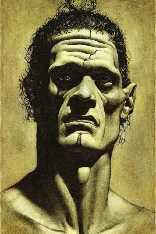 Image similar to a portrait of Frankenstein, by Annie Swynnerton and Nicholas Roerich and Jean Delville, dramatic cinematic lighting, extremely detailed