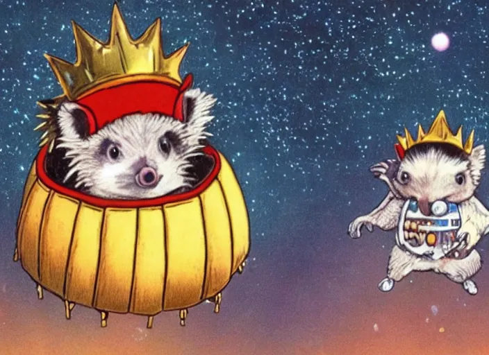 Prompt: a still from a 9 0 s cartioon, of a hedgehog wearing a crown inside a scifi spaceship