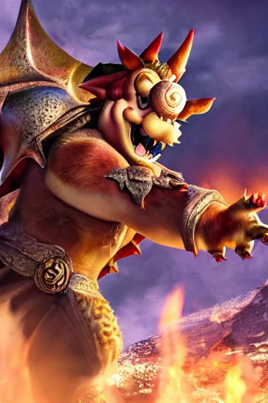 Image similar to very very intricate photorealistic photo of bowser in an episode of game of thrones, photo is in focus with detailed atmospheric lighting, award - winning details