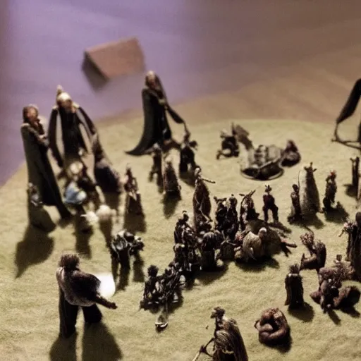 Image similar to needle felt action shot of the council of the ring, lotr, dramatic lighting, creepy, dslr, tilt shift, extremely textured, realistic hyper detailed