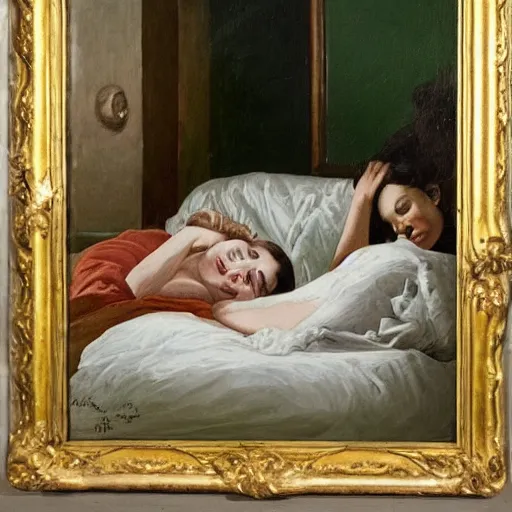 Prompt: two women sleeping in a white bed with green bedsheets in a room with light green walls, two women try to sleep while an anxious chihuahua looms above them, detailed oil painting