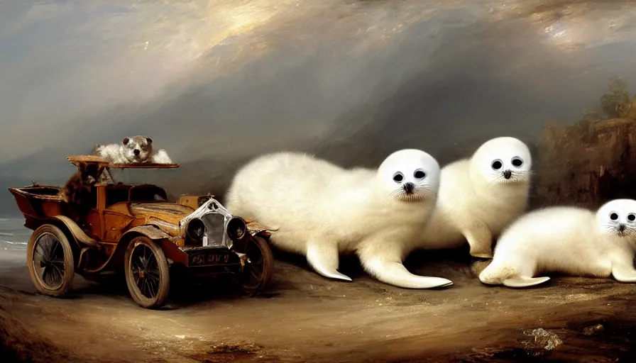 Image similar to highly detailed painting of cute furry white baby seals driving a car by william turner, by greg rutkowski, by william constable, thick brush strokes and visible paint layers, 4 k resolution