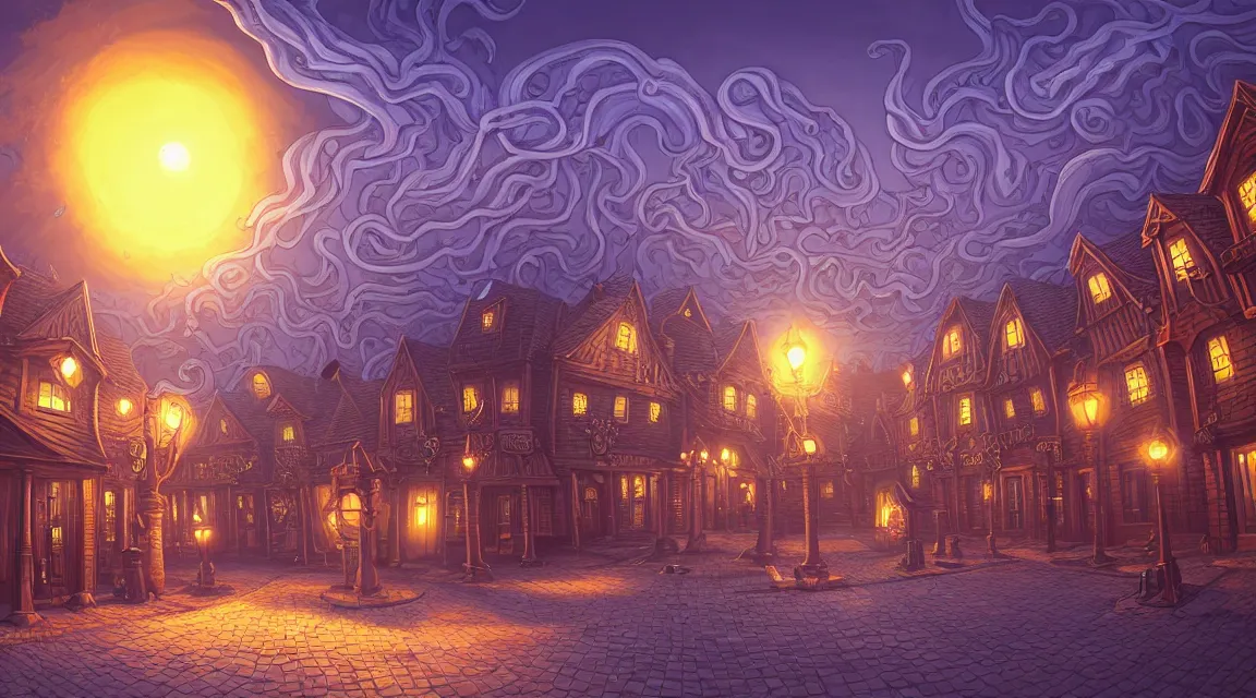 Image similar to empty lovecraftian town square surrounded by houses and inns. cthulhu statue. lovecraftian city at sunset by cyril rolando and naomi okubo and dan mumford and ricardo bofill. lovecraft. cobbled streets. oil lamp posts. lovecraftian. sunset swirly sky.