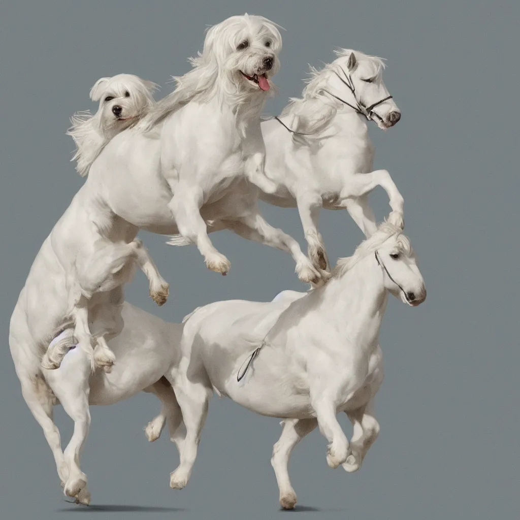 Image similar to A human-shaped maltese terrier riding a white horse, canvas, clean, light colors,