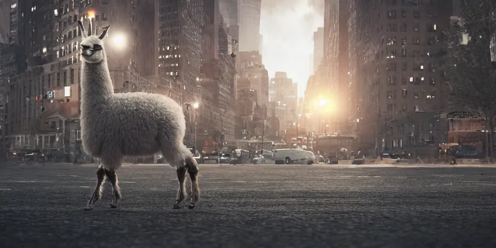 Image similar to a llama walking through a desolate manhattan city street at night, statue of liberty seen in the background, realistic 4 k octane beautifully detailed render, 4 k post - processing, highly detailed, intricate complexity, epic composition, magical atmosphere, cinematic lighting, masterpiece, ultra hd