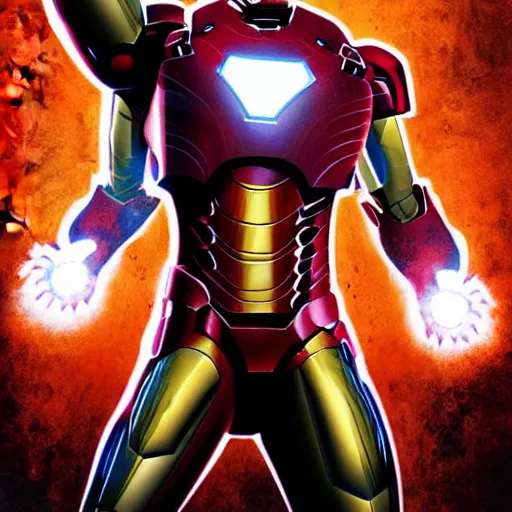 Image similar to a portrait of iron man on in his biggest form fighting the underworld monsters the background is all fire the monsters are human form digital art